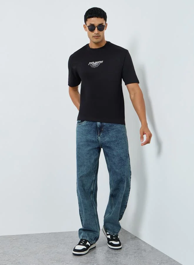 Men Blue Acid Wash Oversized Jeans